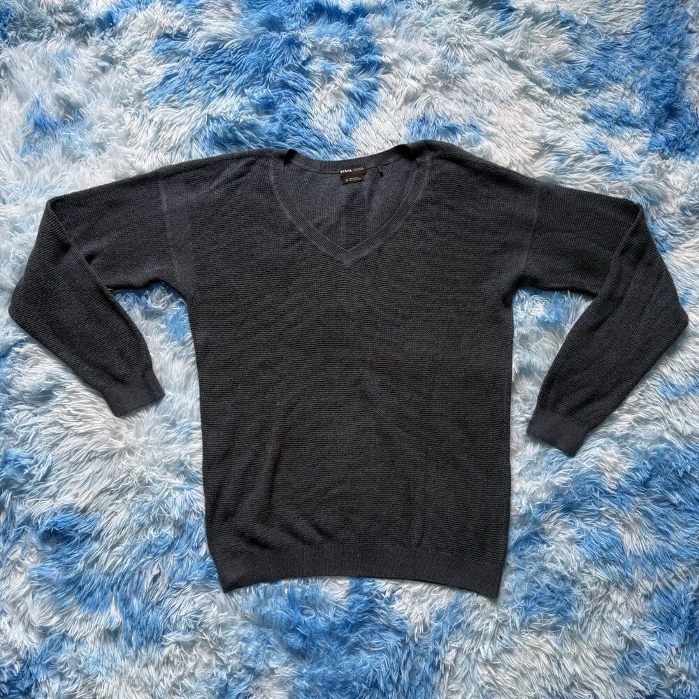 prAna Gray V-Neck Knit Sweater Mens Medium Long Sleeve